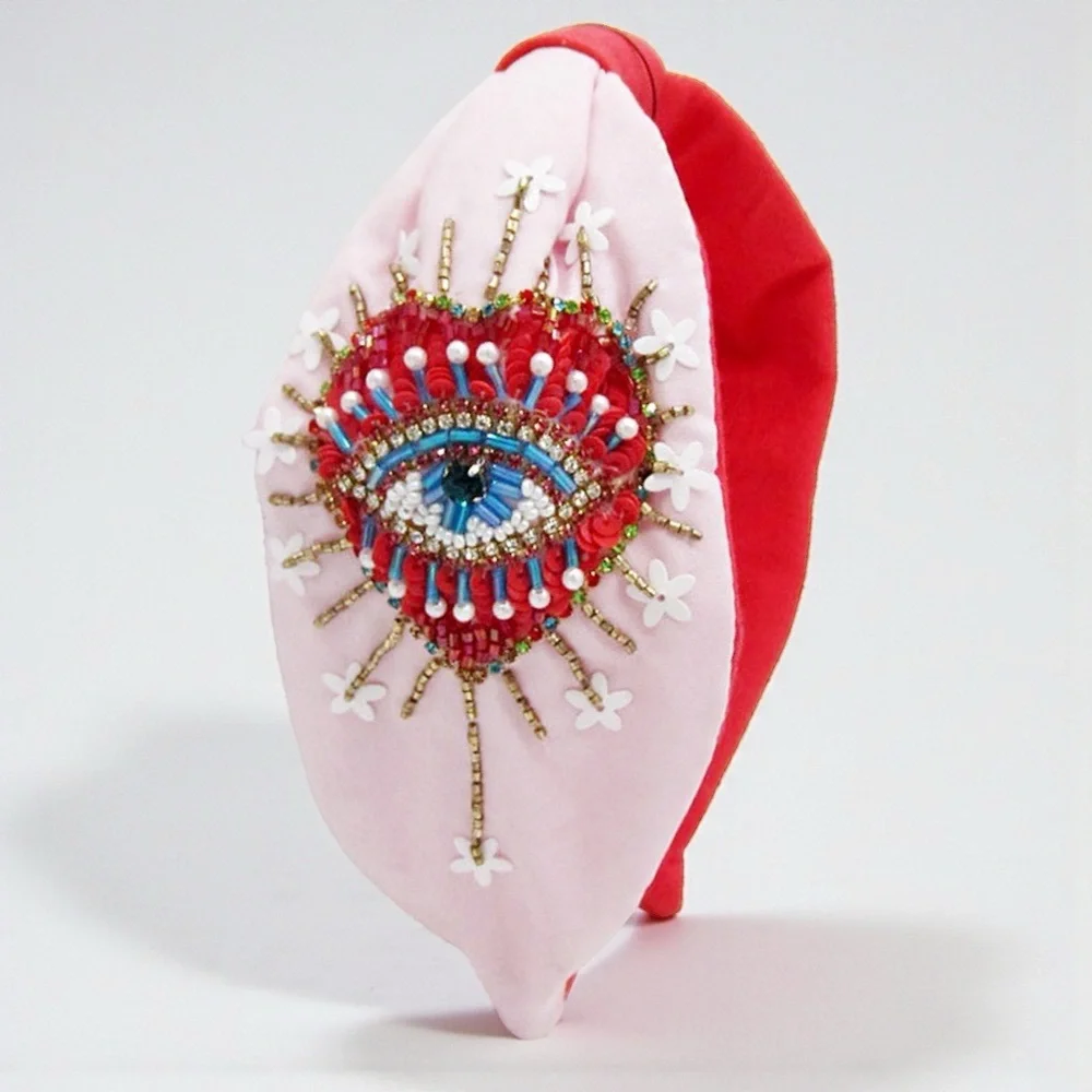 Beaded Evil Eye Statement Headband Red Pink Embellished Hair Accessory NWT